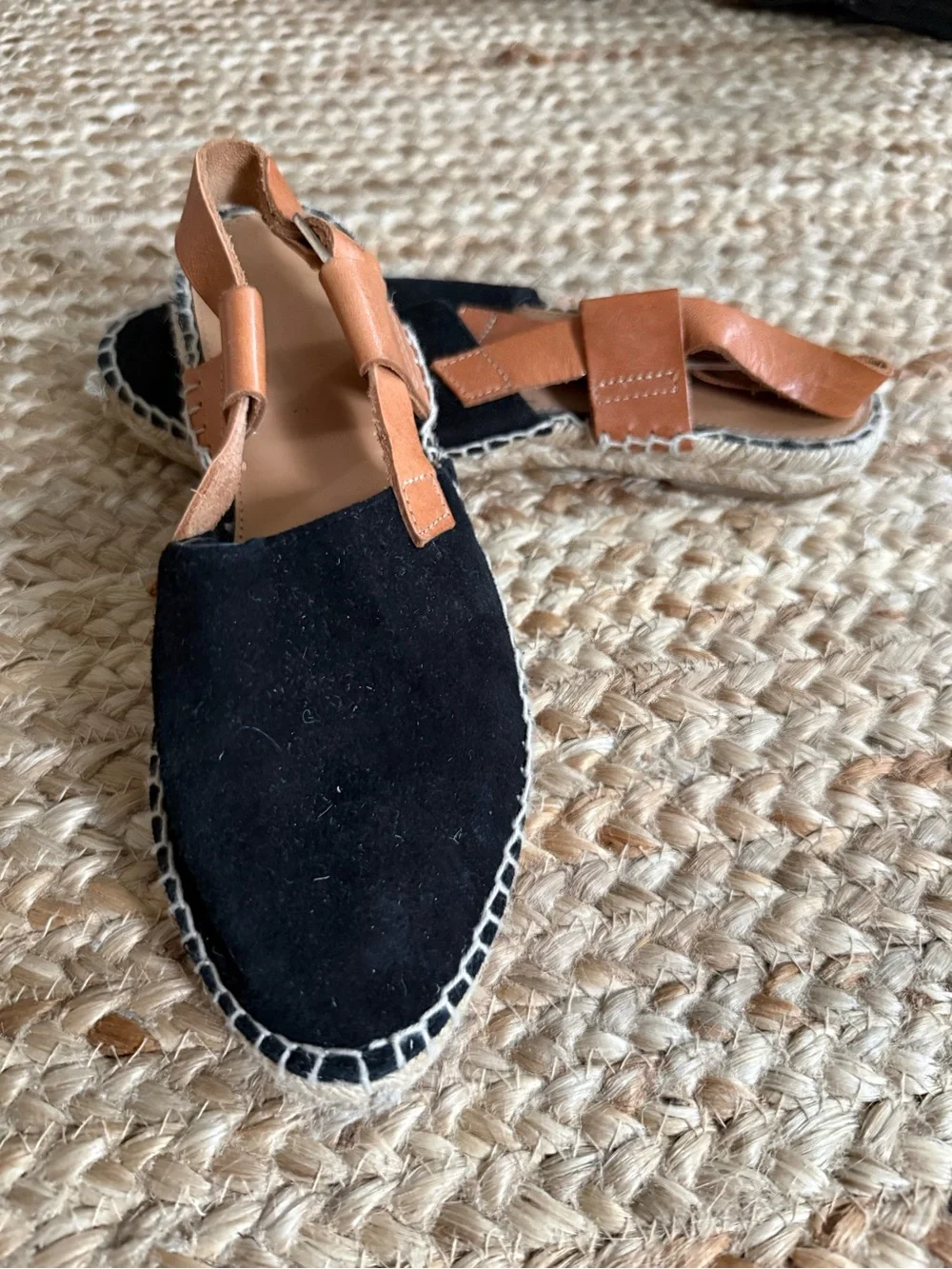 Black Suede Espadrille Sandal with Tan leather Straps